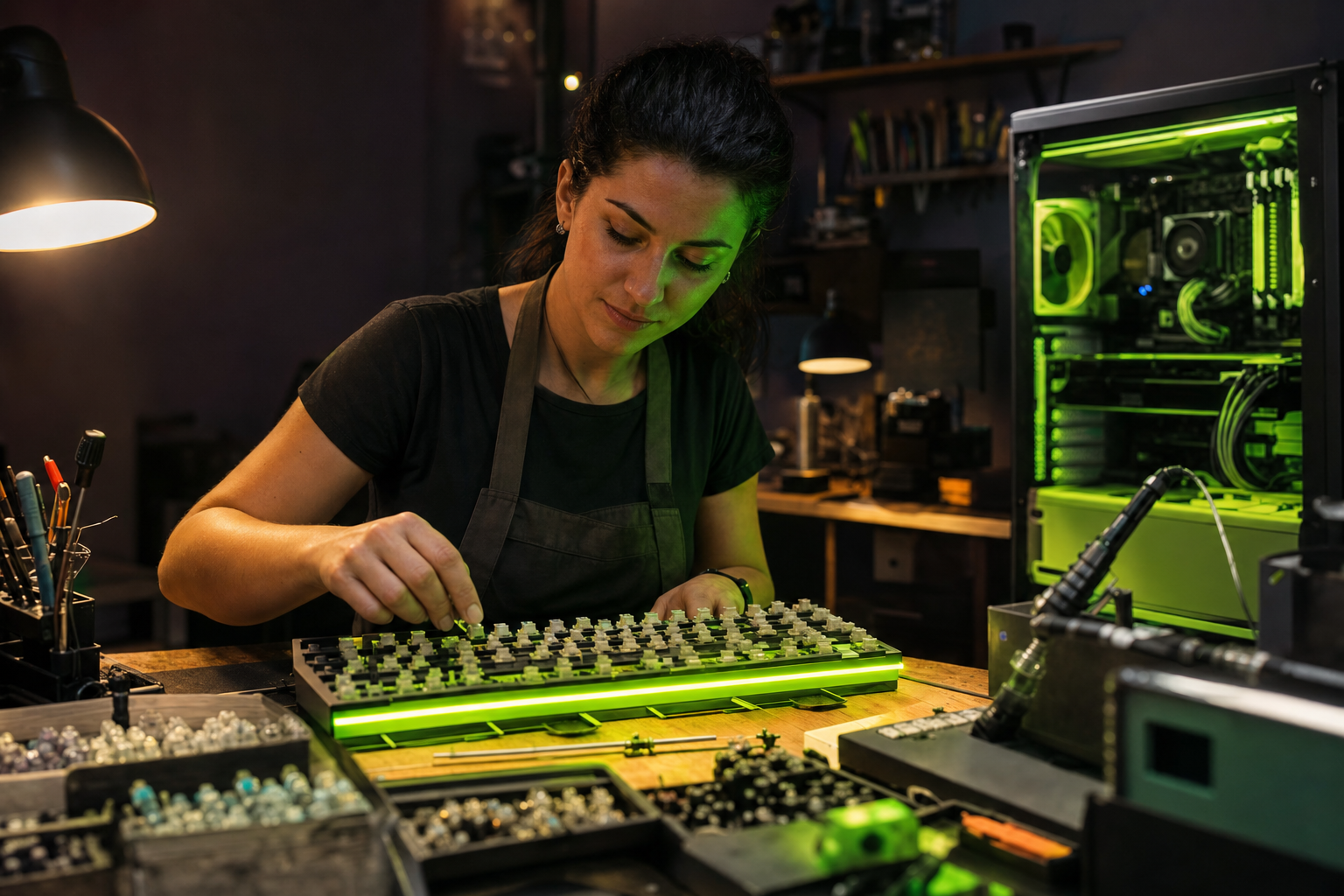 Alice D'Amico al banco di lavoro del suo laboratorio a Rieti, mentre assembla una tastiera meccanica custom circondata da componenti PC e luci verde lime