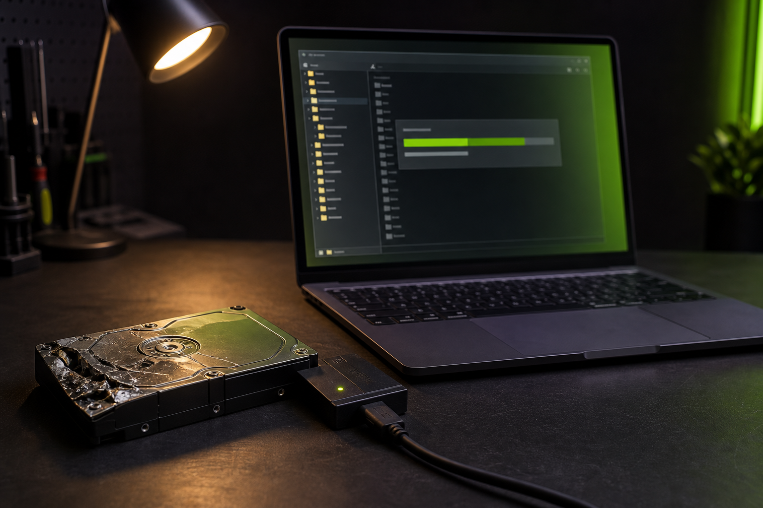 Recupero dati da un hard disk collegato a un notebook nel laboratorio di Rieti, schermo con avanzamento della copia in corso