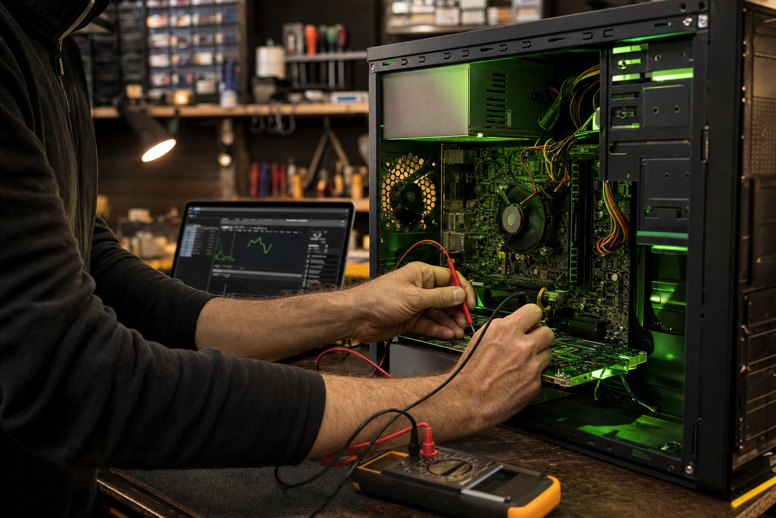 Tecnico che esegue la diagnosi di un PC desktop aperto sul banco di lavoro del laboratorio Tastiera.click a Rieti