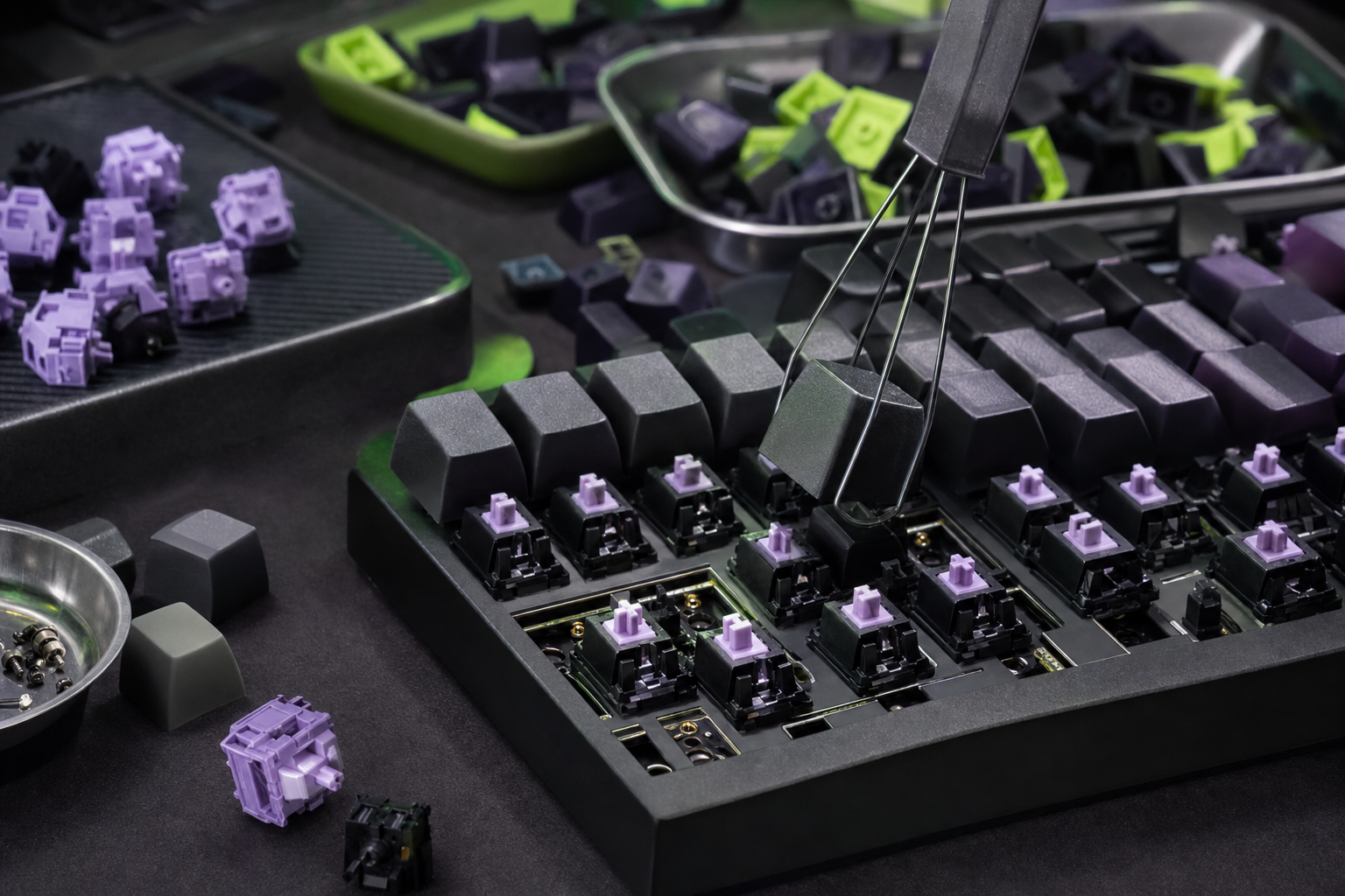 Costruzione di una tastiera meccanica custom con switch e keycap sparsi sul banco, estrattore di tasti in primo piano