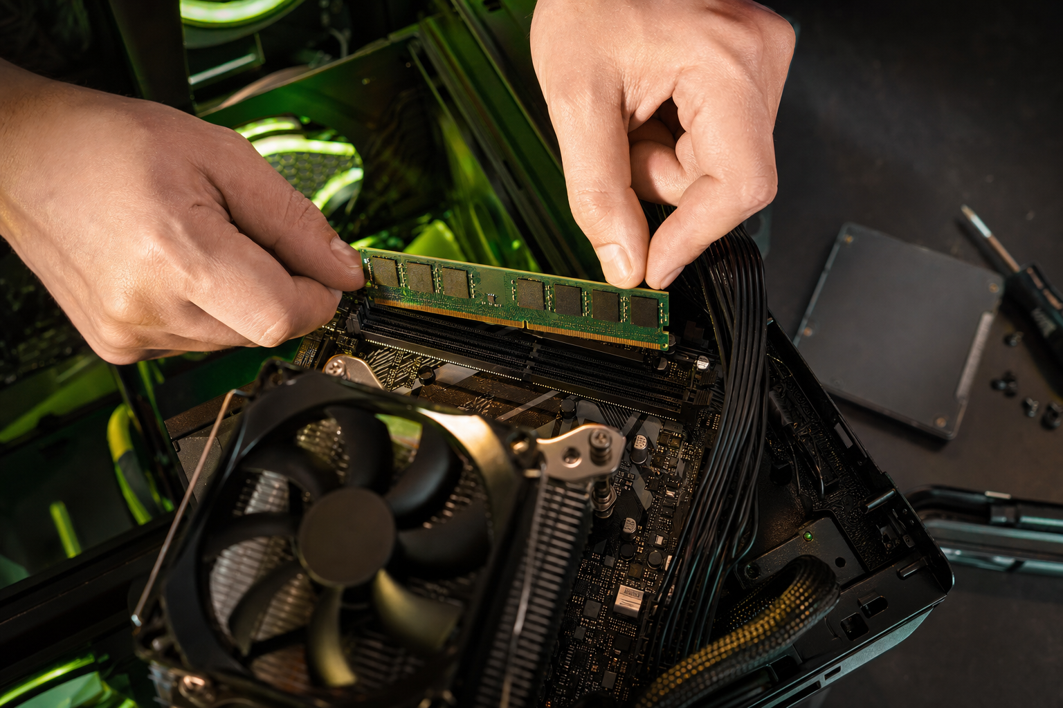 Installazione di un modulo di RAM su una scheda madre durante un upgrade hardware nel laboratorio Tastiera.click